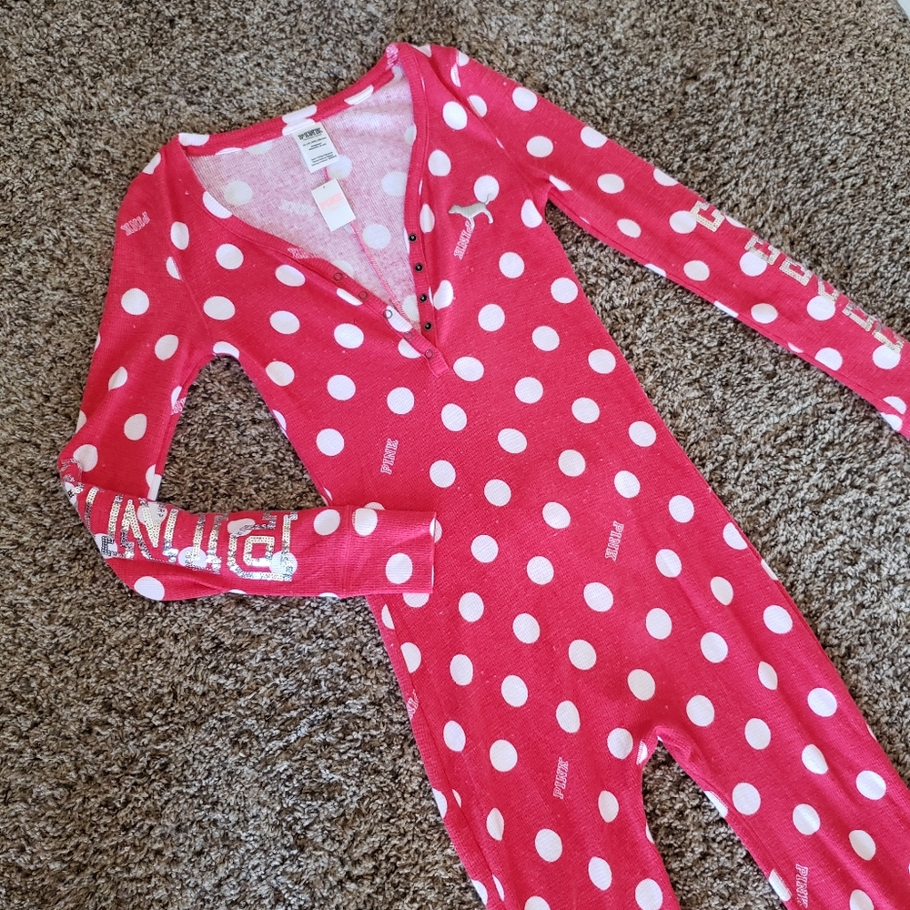 PINK VS Red and White Polka Dot Thermal Onesie Pajamas NWT Size XS
